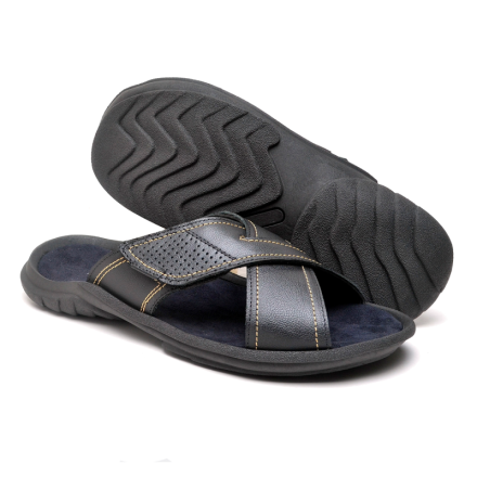 Chinelo Enzy Masculino Couro Confort Preto